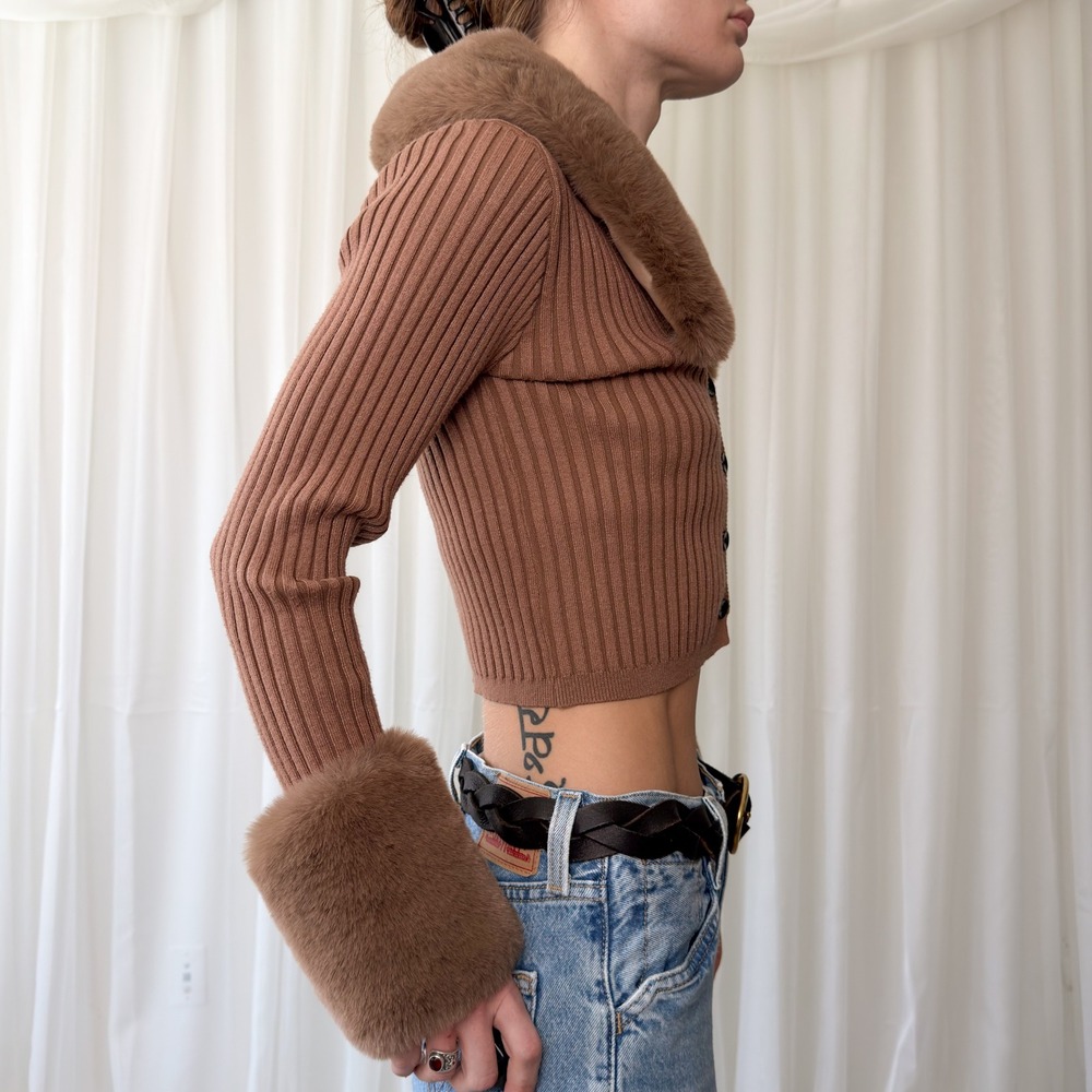 Brown Faux Fur Trim Cardigan Cropped Button Up Fur Collar Cuffs Knit Women's S - Picture 4 of 8